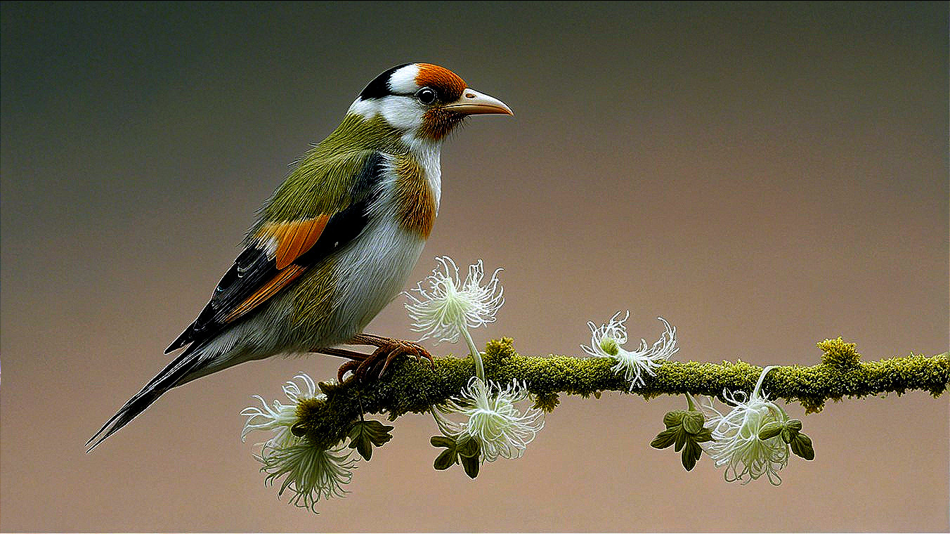 Vibrant Green and Orange Bird on Mossy Branch