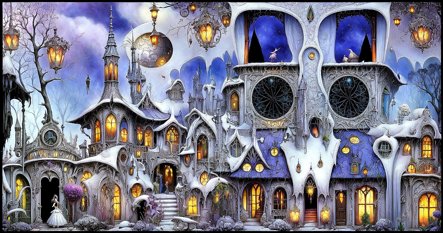 Snowy Mansion with Towers and Lanterns Under Stars