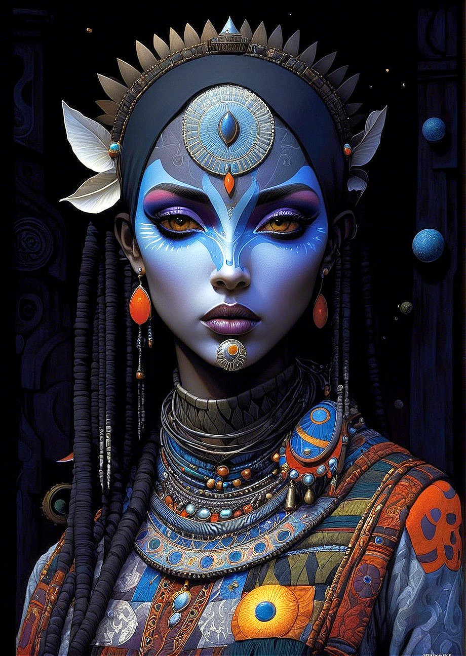 Otherworldly figure with intricate jewelry and patterns