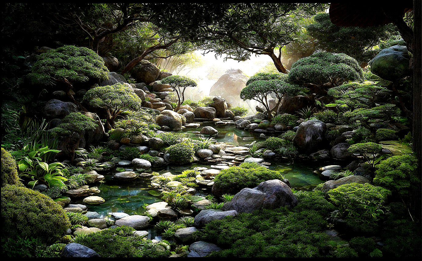 Serene Garden with Lush Greenery and Water Features