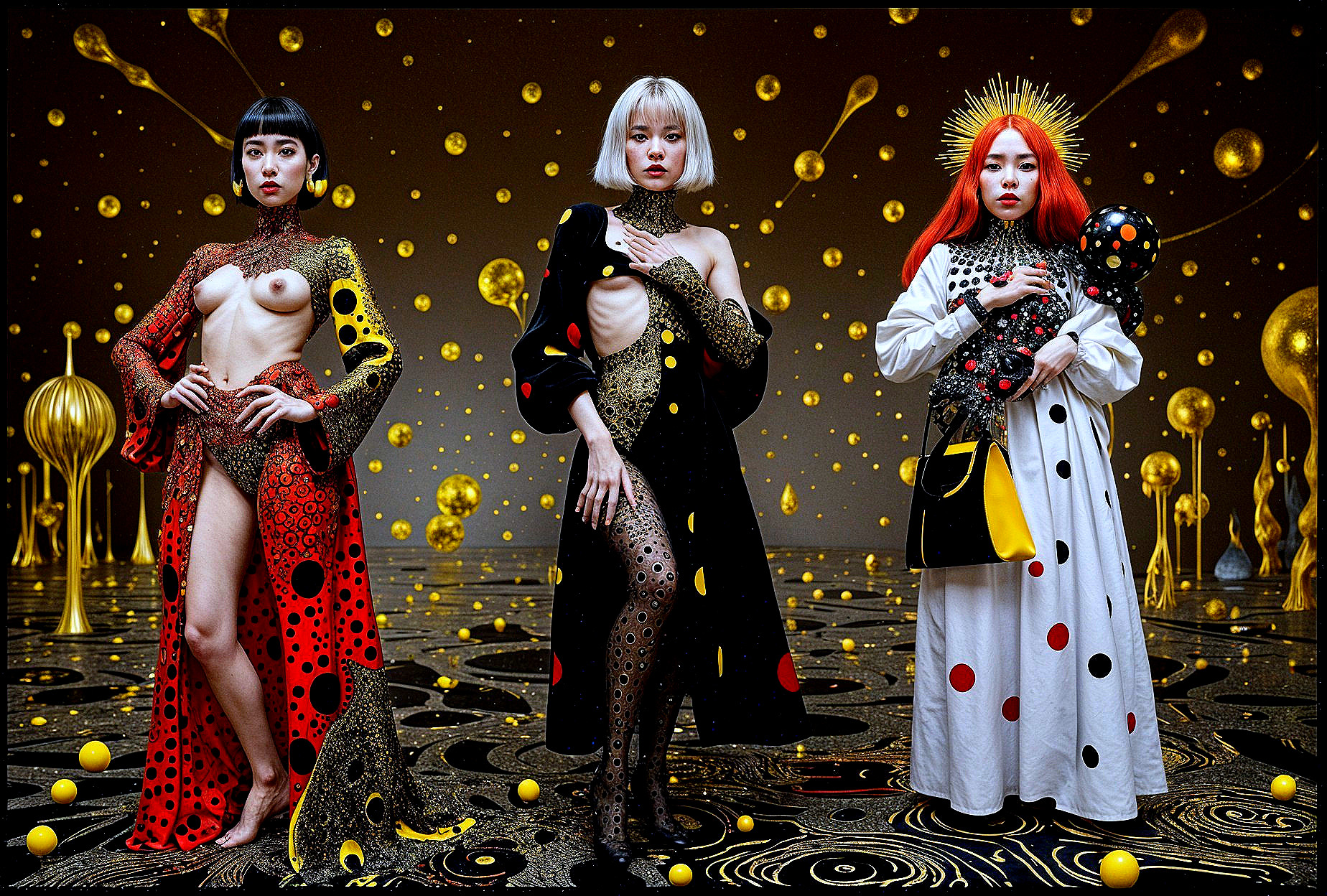 Stylized Figures in Bold Polka Dot Fashion Against Patterns