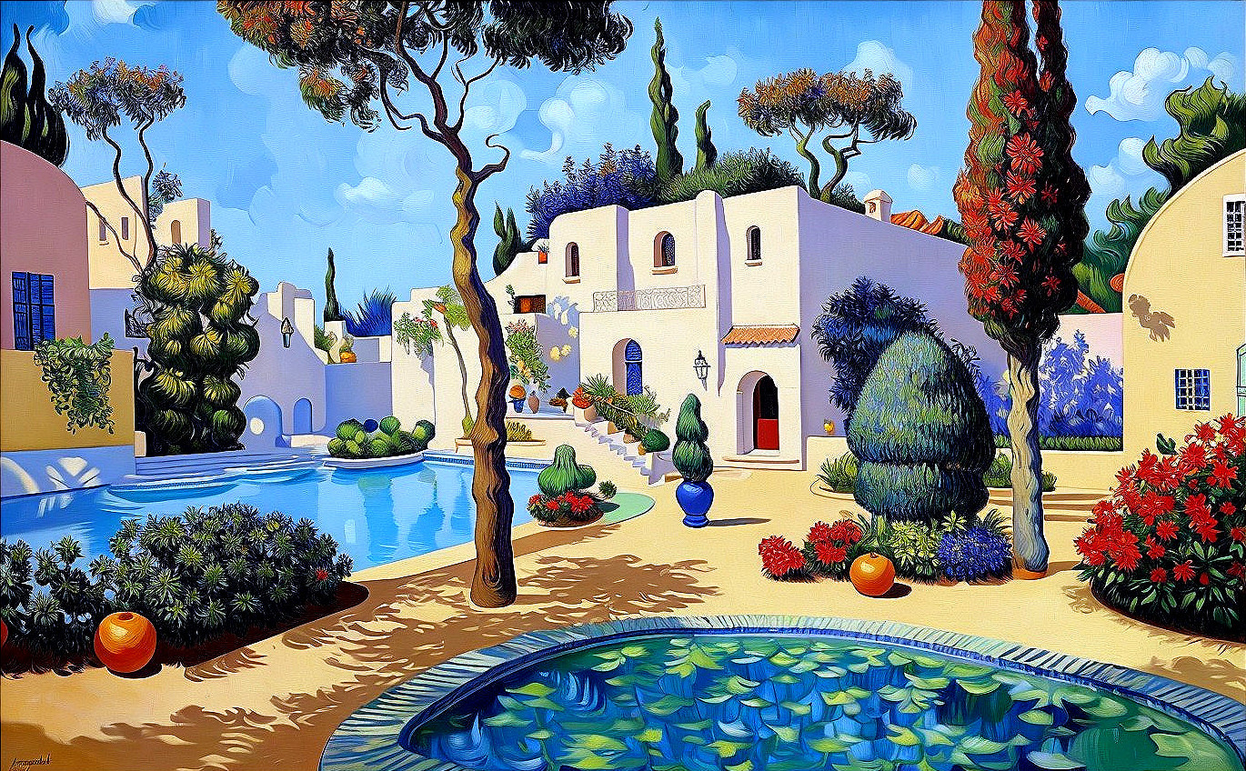 Vibrant Mediterranean Garden with Pool and Flowers