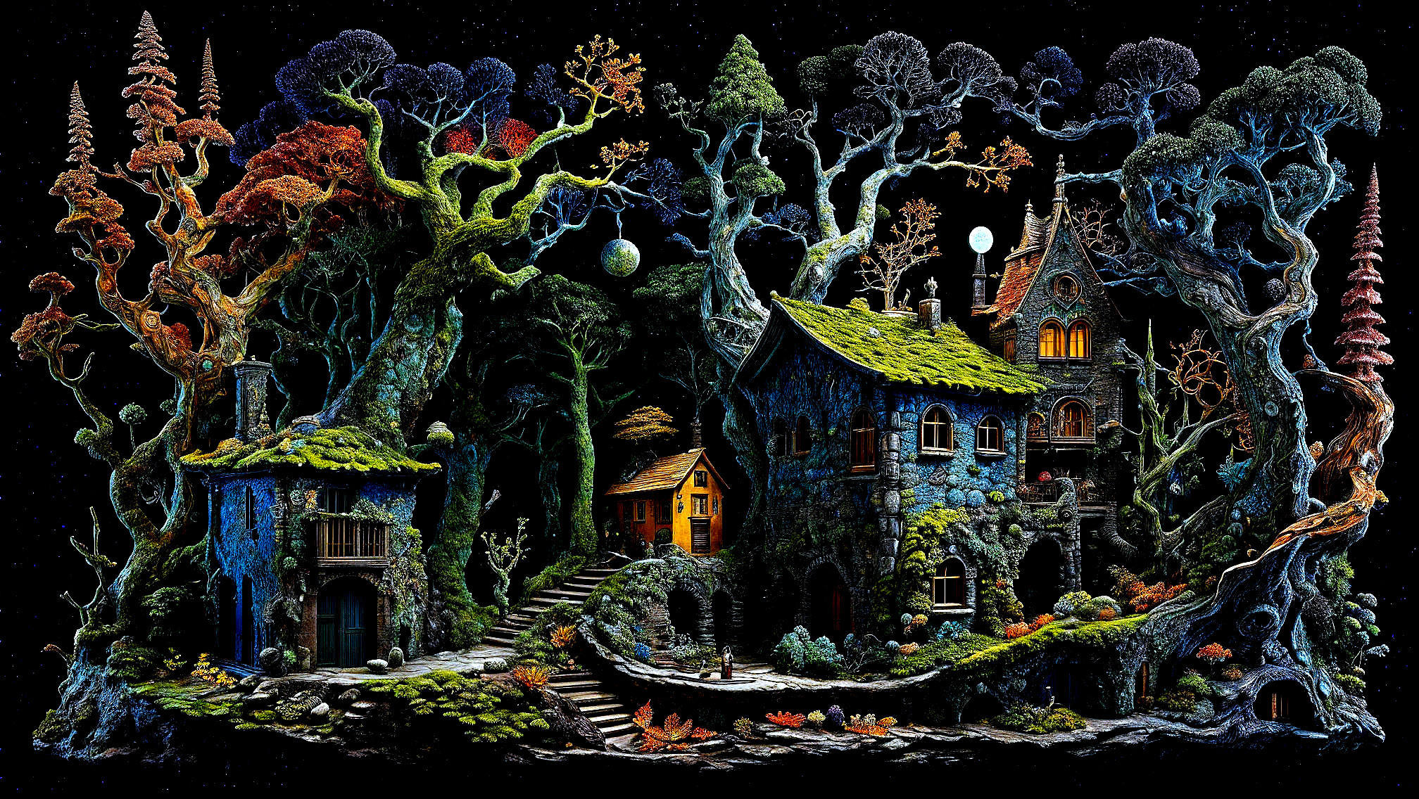 Whimsical Houses Amid Twisted Trees and Colorful Foliage