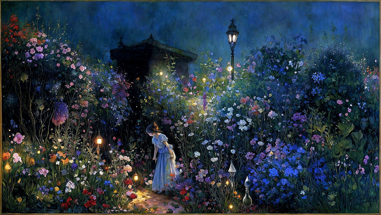 Moonlit Garden with Vibrant Flowers and Lanterns