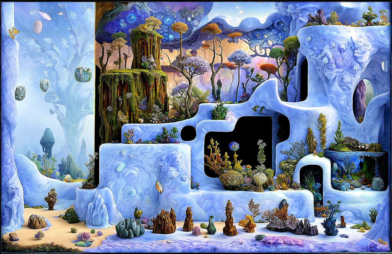 Surreal Landscape with Vibrant Trees and Rock Formations