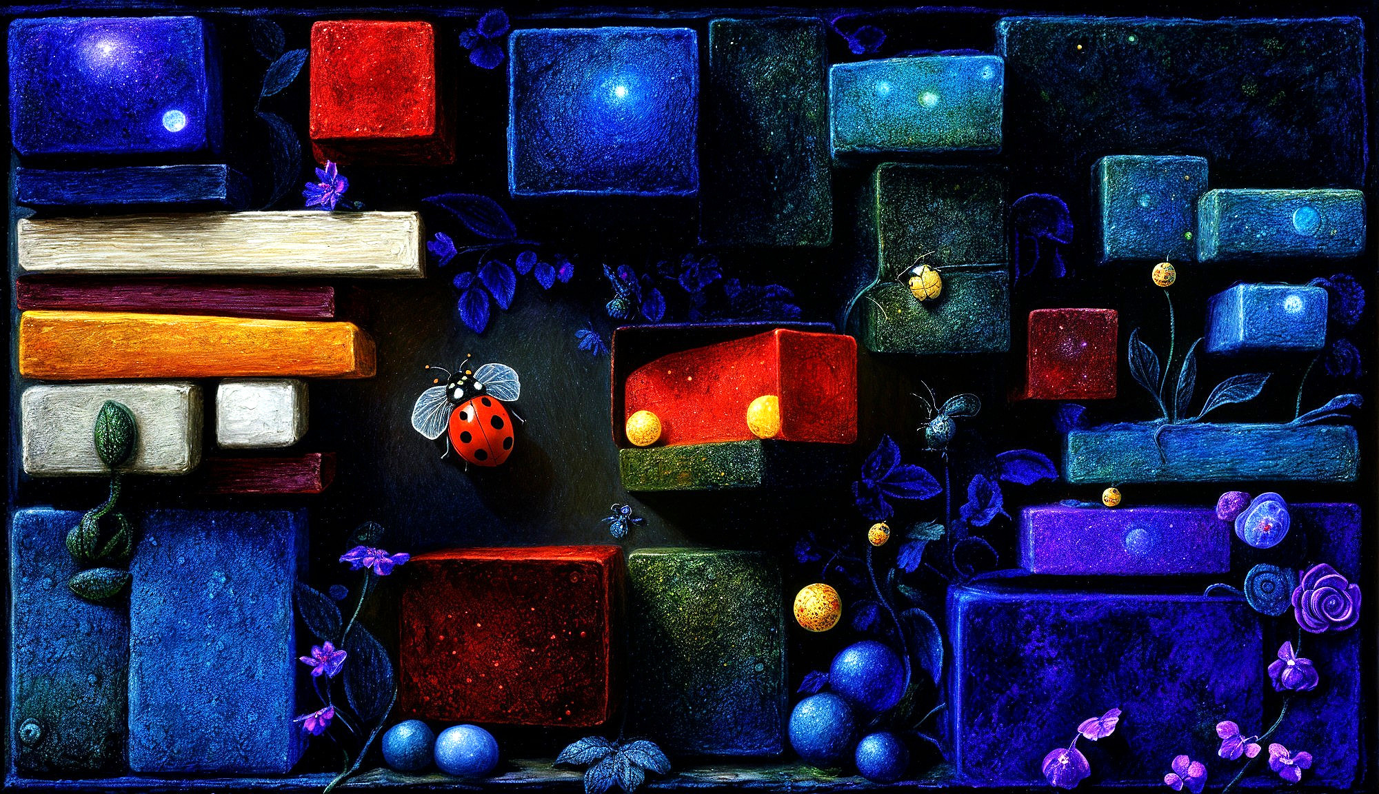 Colorful Geometric Shapes with Nature Elements on Dark Background