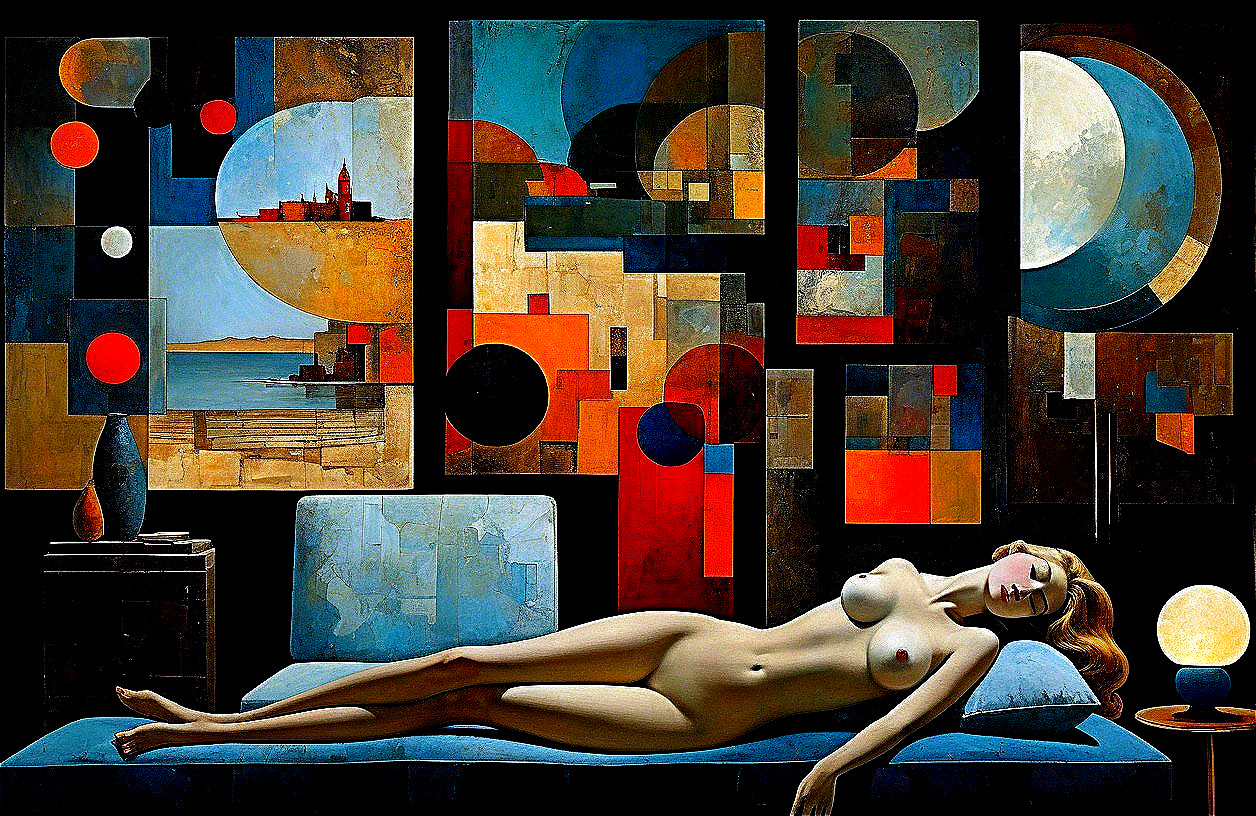Reclining Nude Woman on Blue Couch with Abstract Art