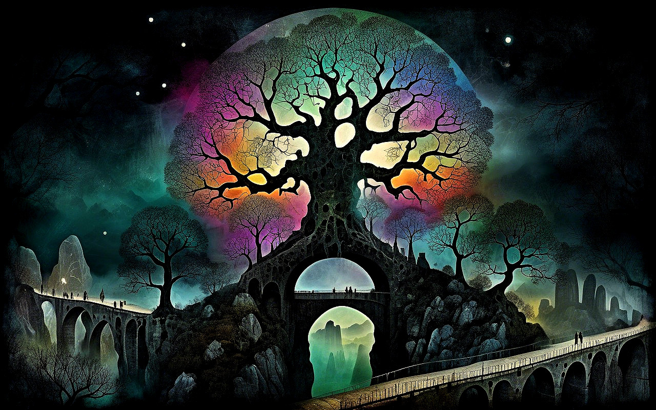 Surreal Landscape with Ancient Tree and Luminous Orb