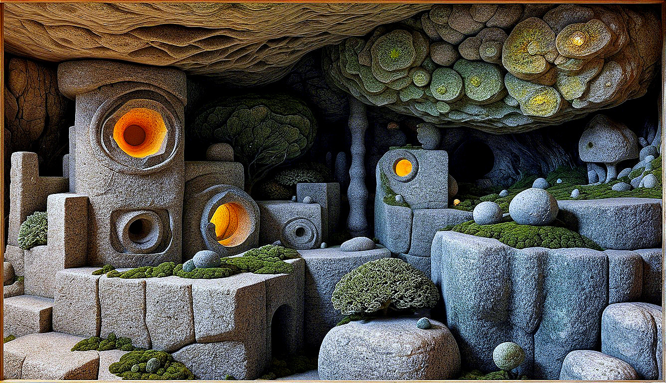Surreal cave landscape with glowing orbs and moss