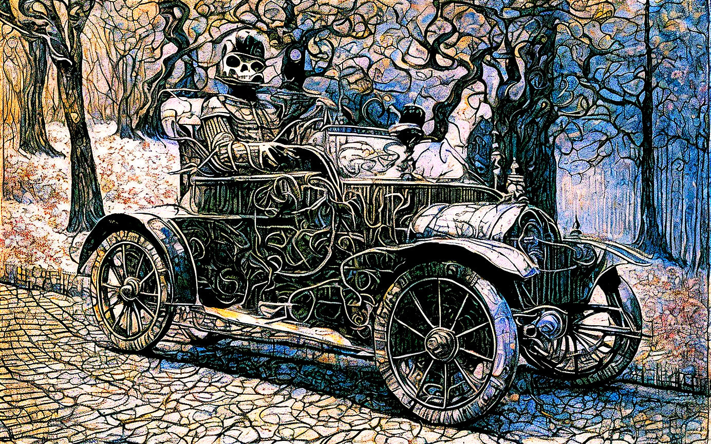Vintage Car with Whimsical Skeleton in Dreamlike Landscape