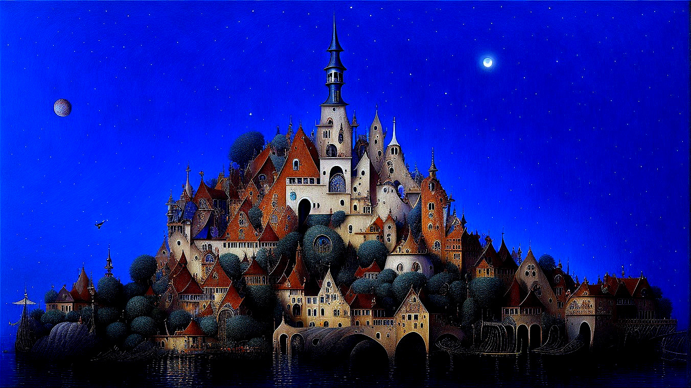 Whimsical Castle Surrounded by Colorful Landscape at Night