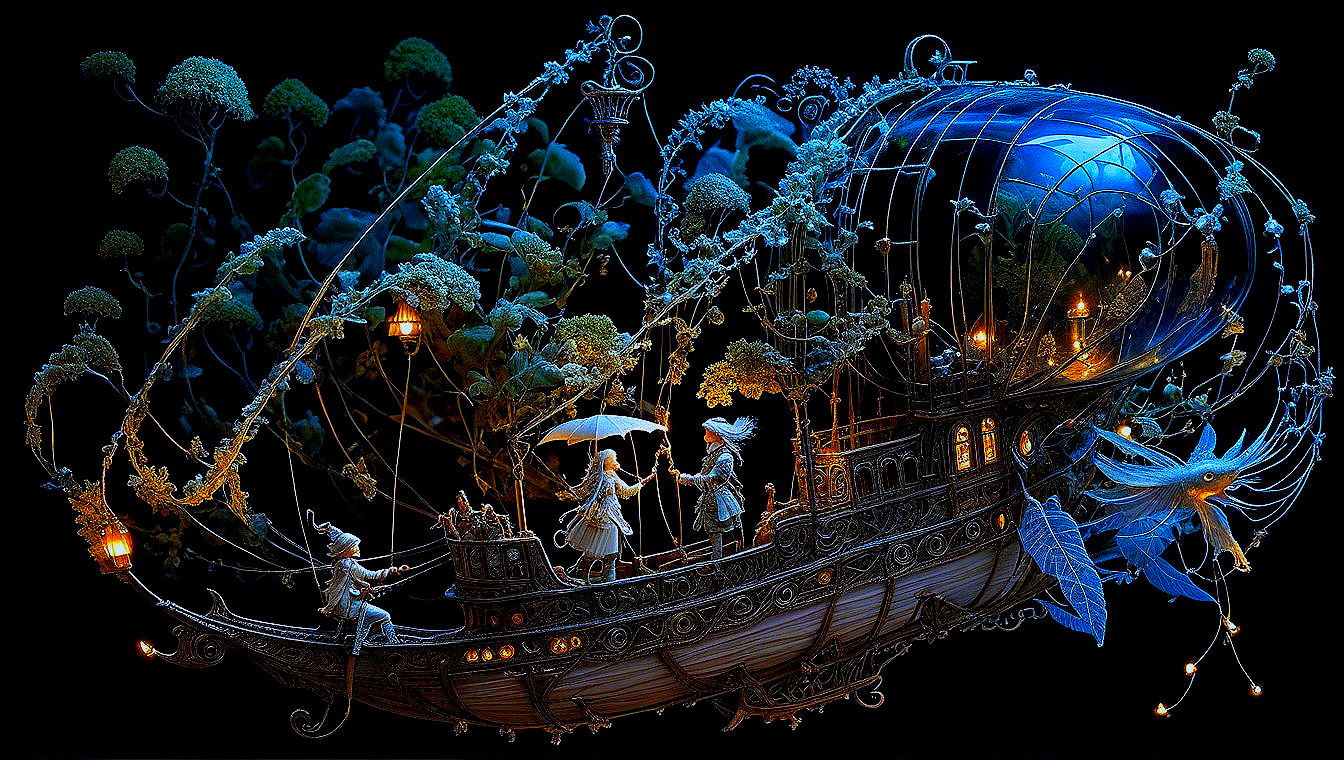 Whimsical Airship Scene in a Starry Night Sky