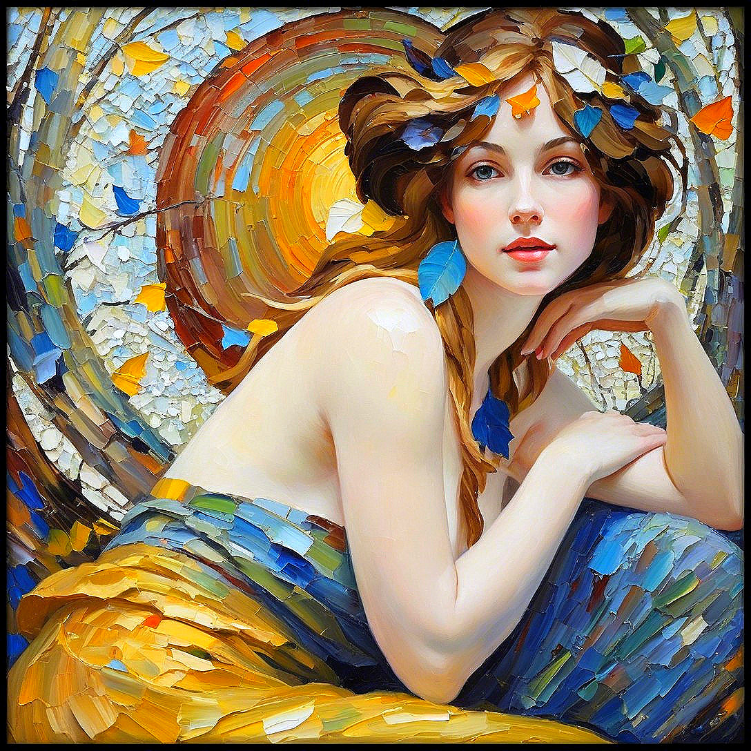 Serene Woman with Colorful Leaves in Dreamlike Art