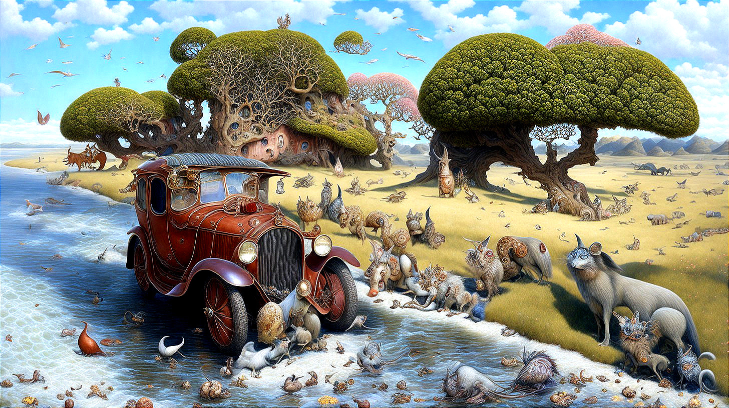 Vintage Red Car by Tranquil River in Fantasy Landscape