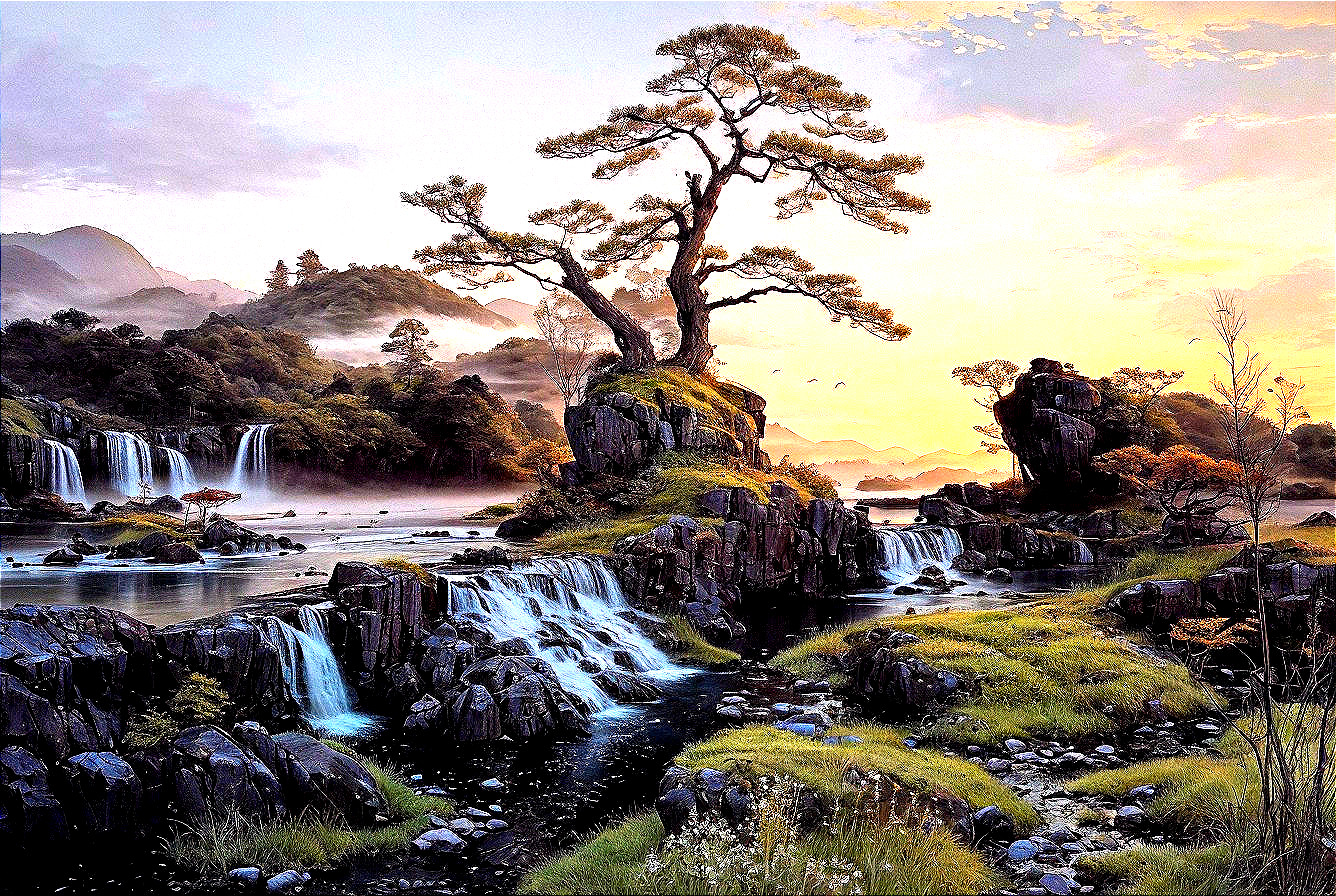 Cascading Waterfalls in a Serene Sunset Landscape