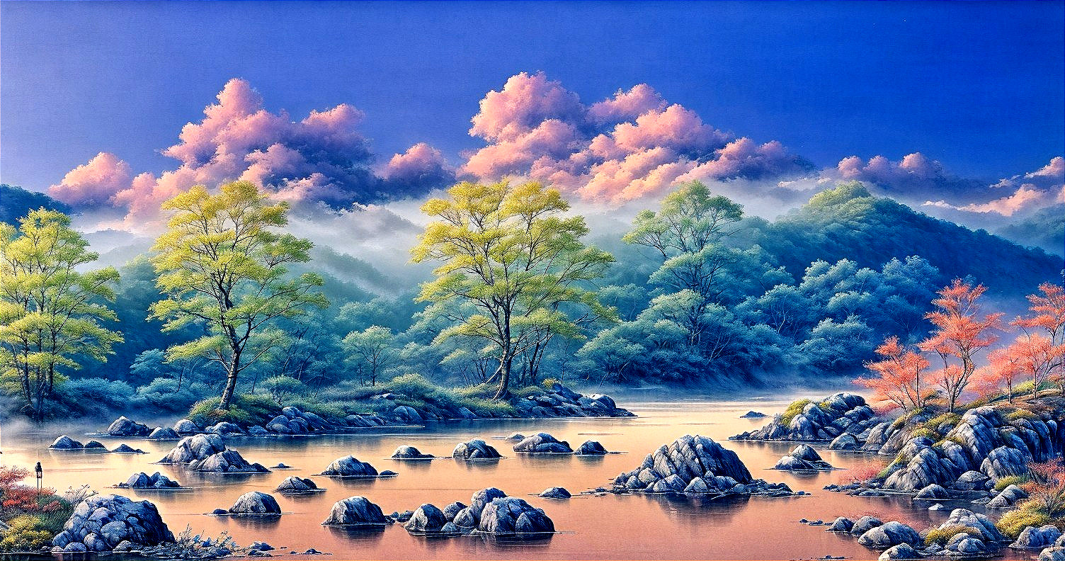Tranquil Lake Surrounded by Lush Greenery and Mountains