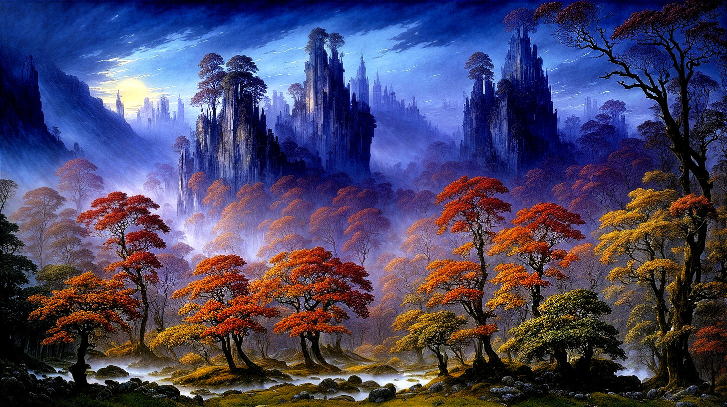 Mystical Landscape with Cliffs and Autumn Trees