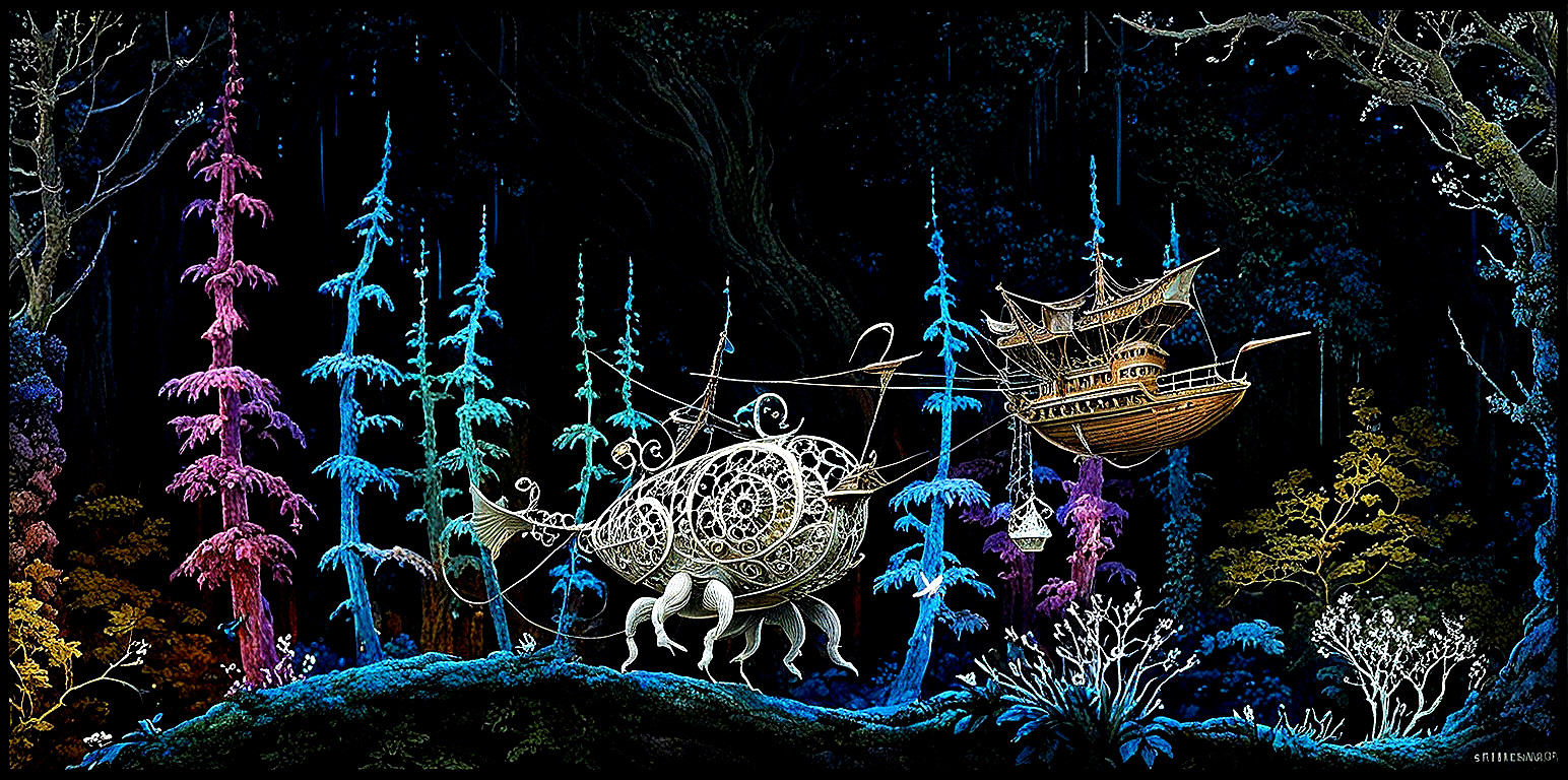 Whimsical Forest with Colorful Trees and Creatures