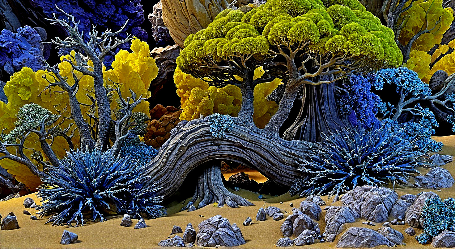 Surreal Landscape with Twisted Trees and Colorful Foliage