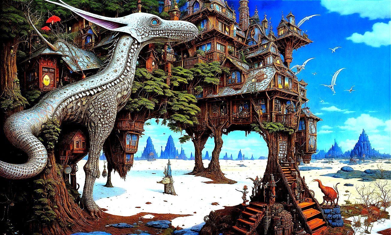 Colossal Dragon Creature Around Whimsical Treehouse