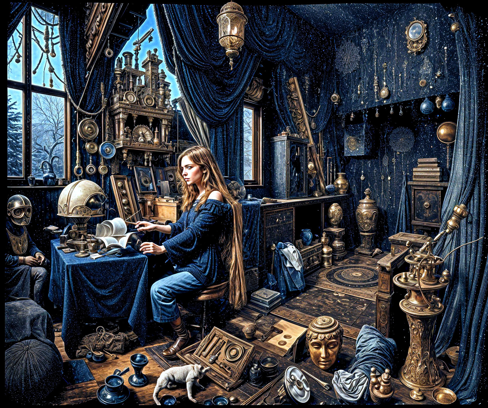 Young woman studying ancient texts in ornate room