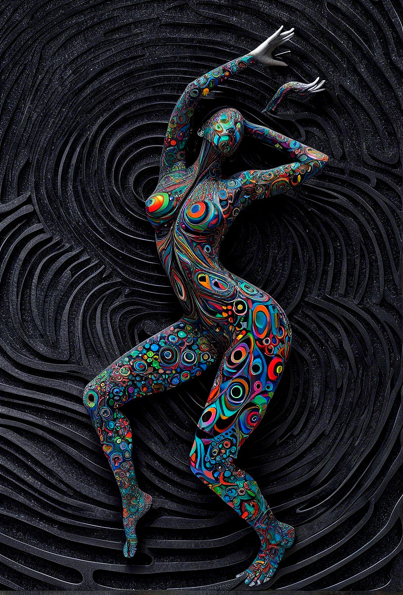 Human figure with vibrant swirling patterns on dark background