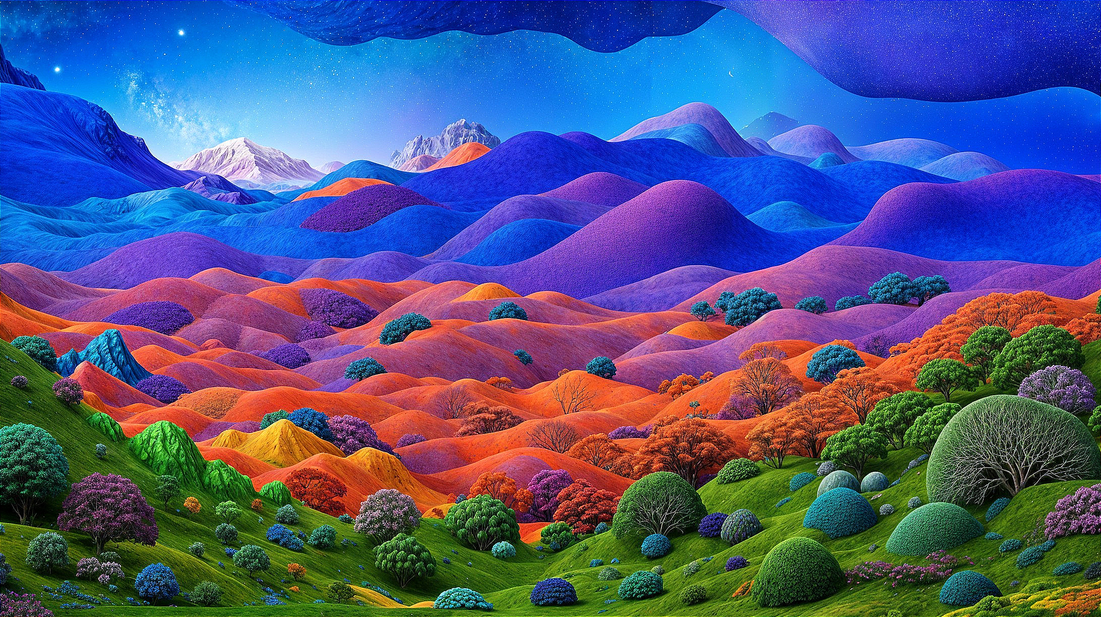 Vibrant Landscape with Rolling Hills and Starry Sky
