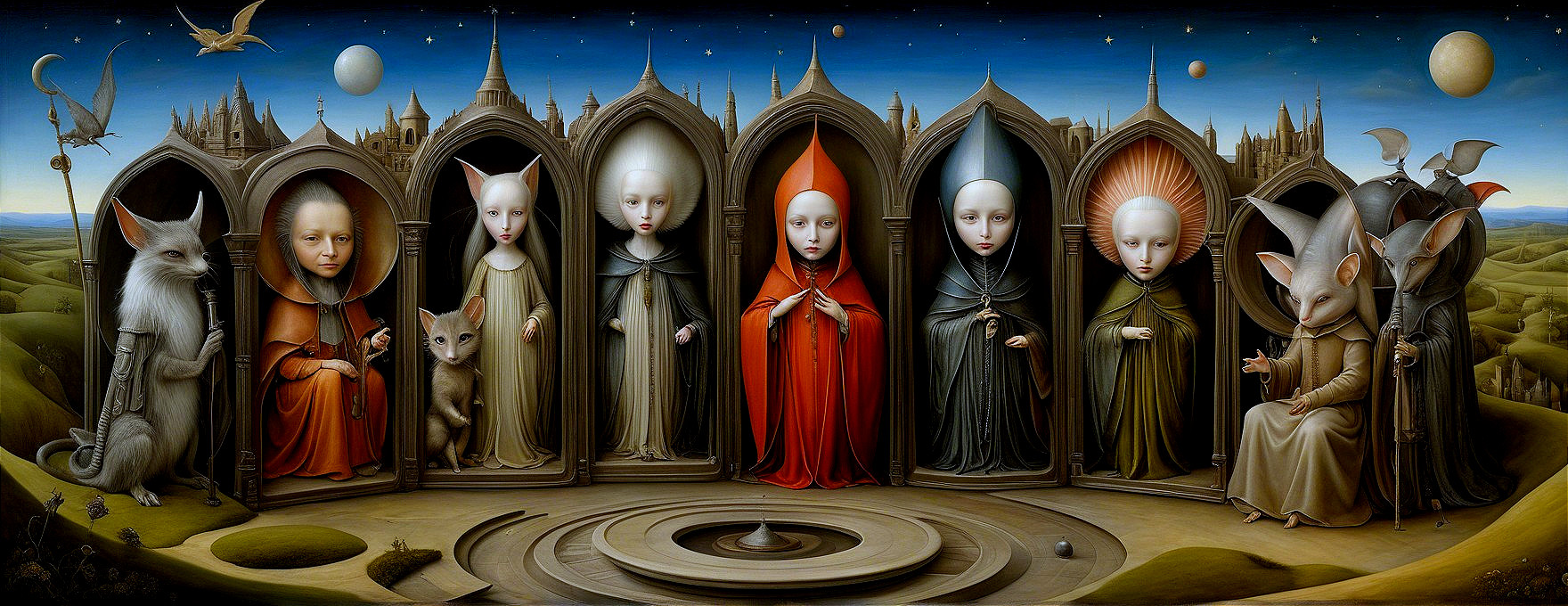 Surreal Scene with Figures and Stylized Animals