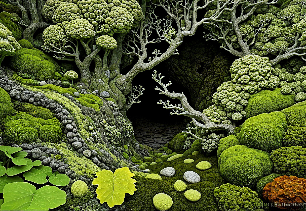 Surreal Forest Scene with Moss-Covered Trees and Cave