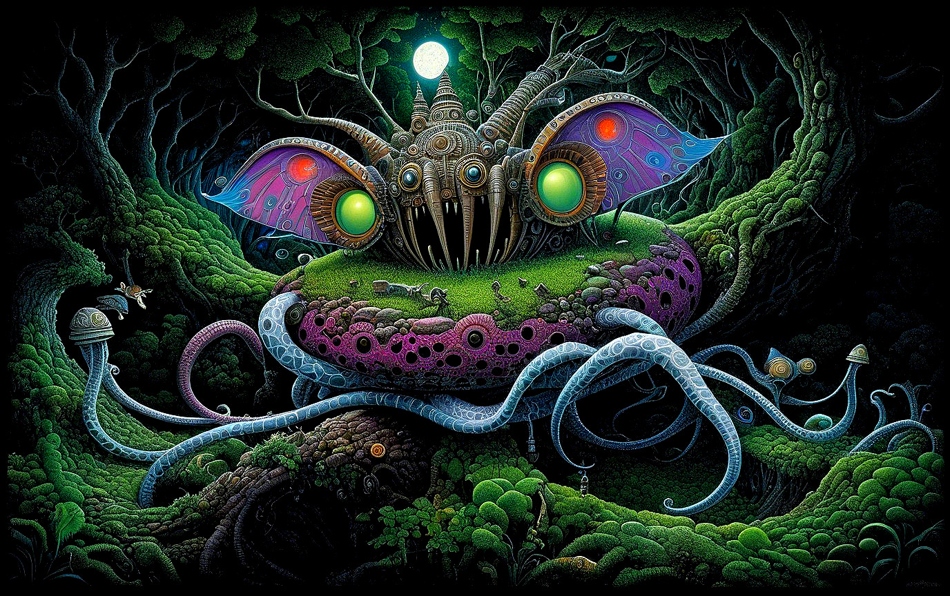 Surreal Creature with Luminous Eyes in Mystical Forest