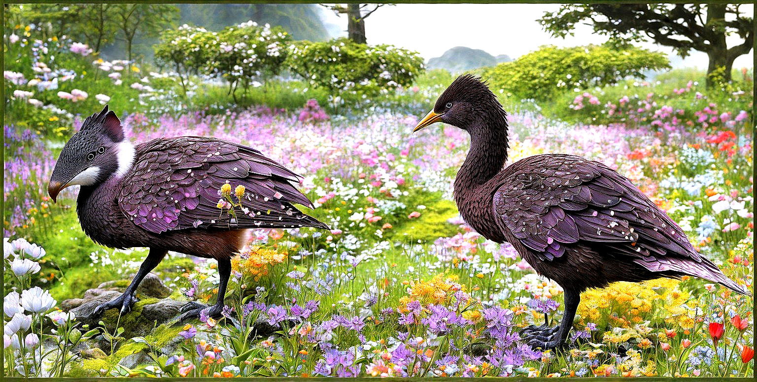 Vibrant Meadow with Unique Birds and Colorful Flowers