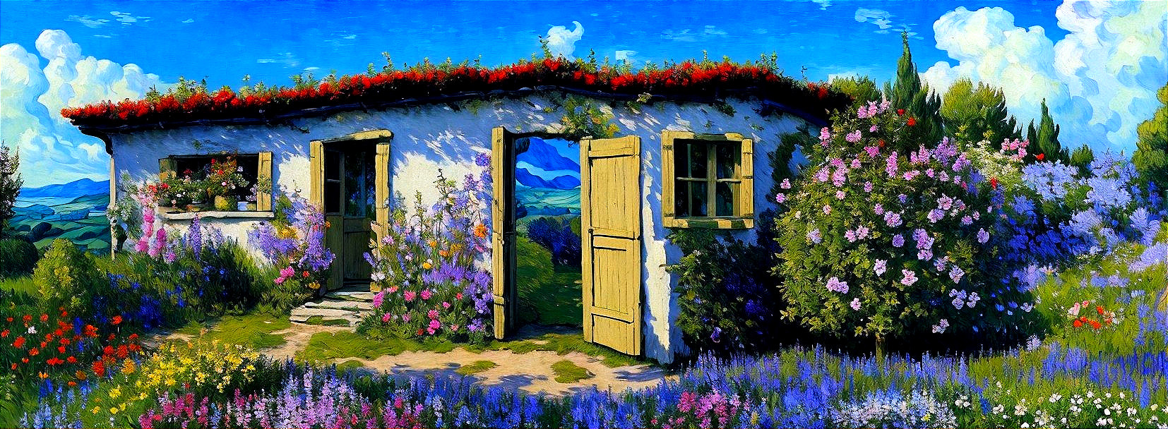 Charming Cottage Surrounded by Vibrant Garden Flowers