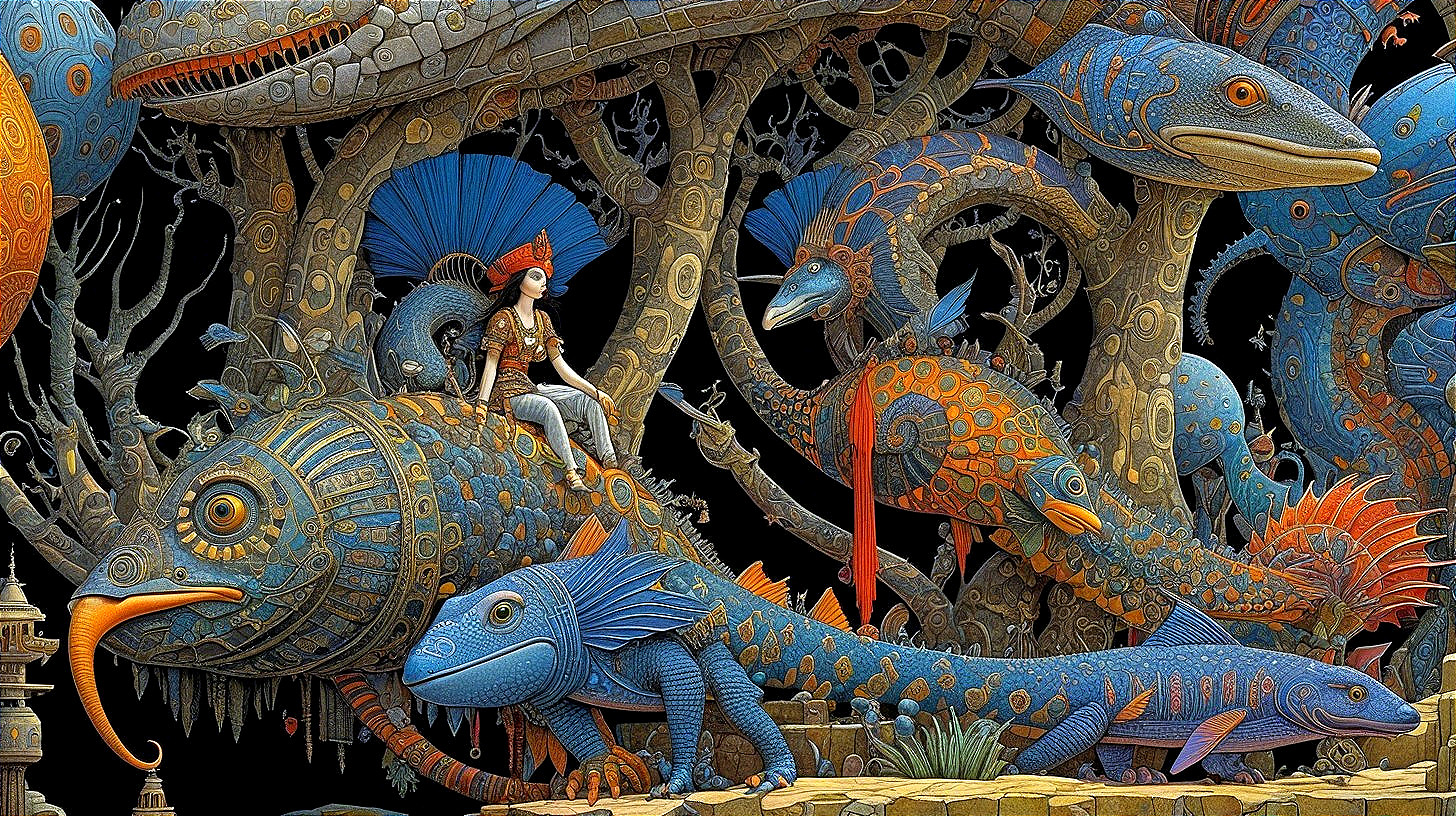 Surreal Underwater Scene with a Girl and Marine Creatures