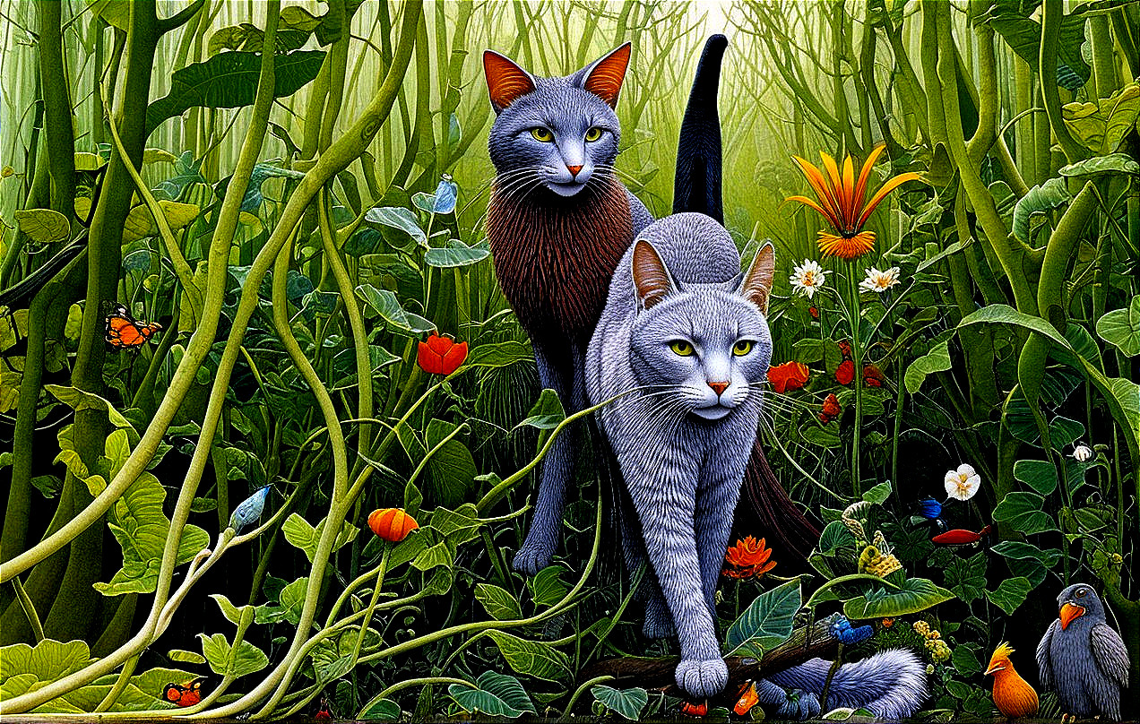 Cats Exploring a Lush Jungle Environment