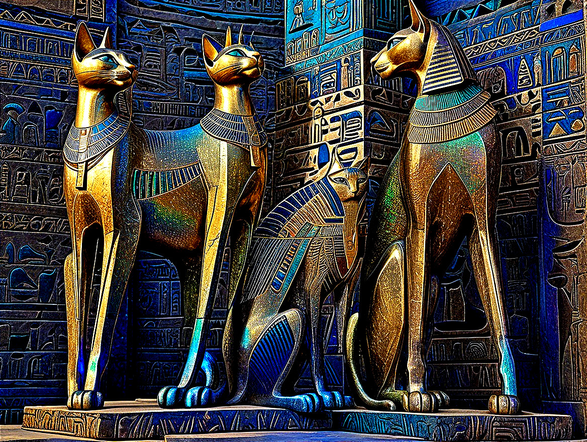Intricately Carved Cat Statues with Hieroglyphics