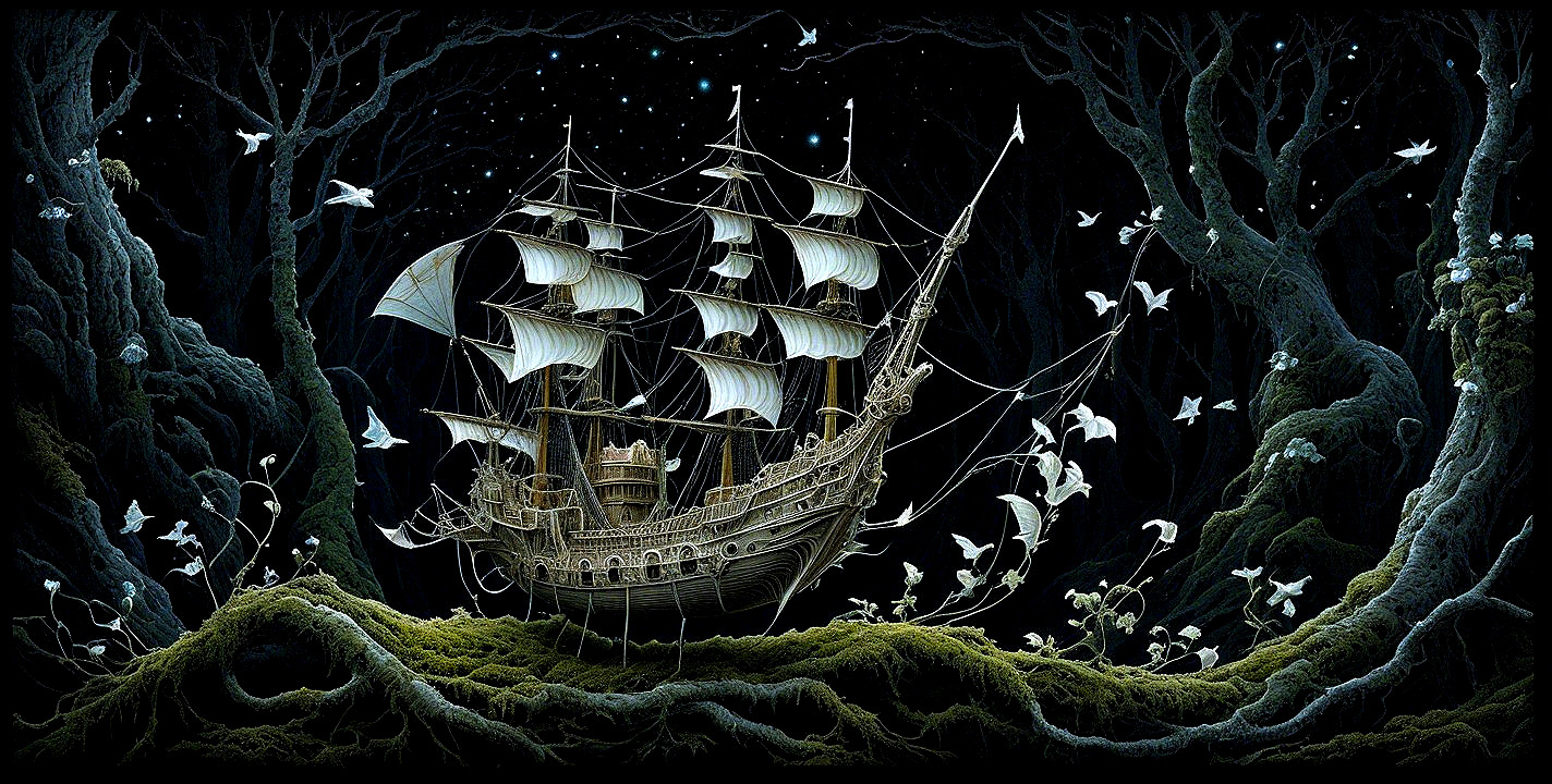 Majestic ship in enchanted forest with bioluminescence