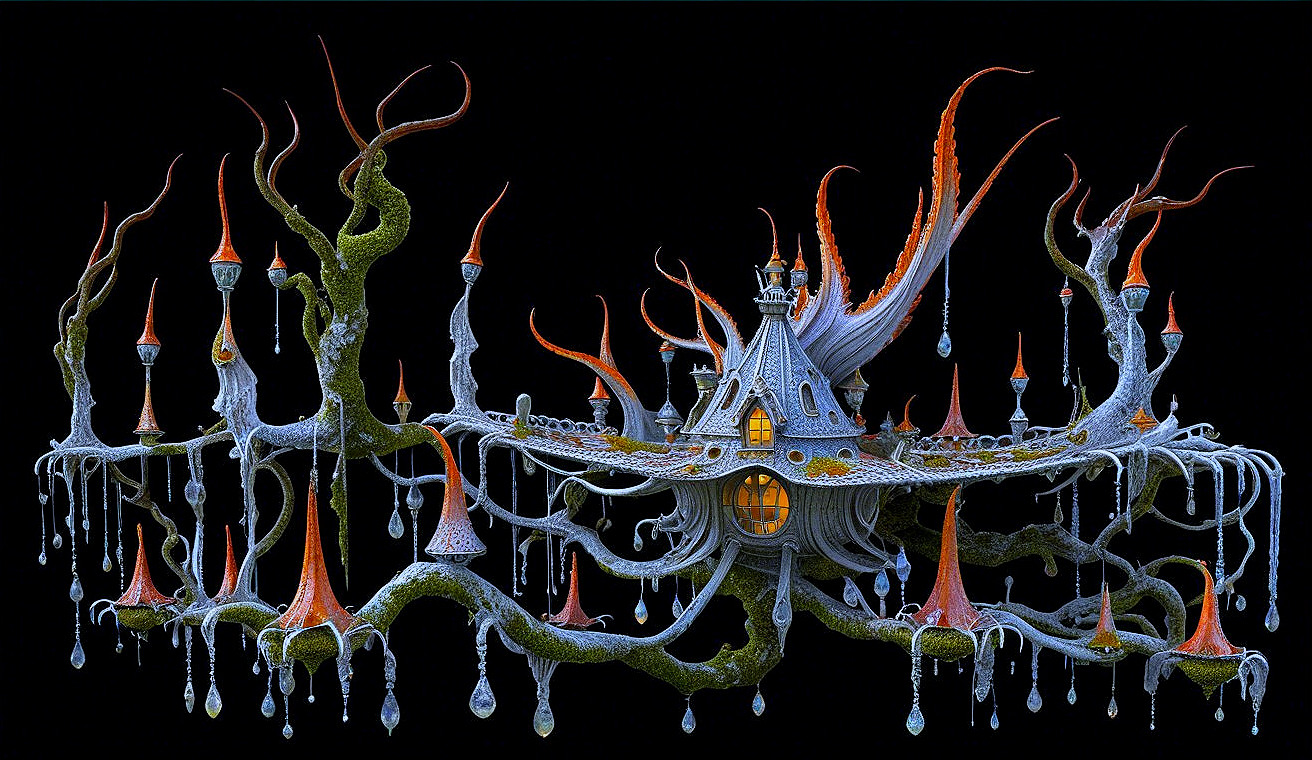 Surreal Structure with Organic Forms and Vibrant Crystals