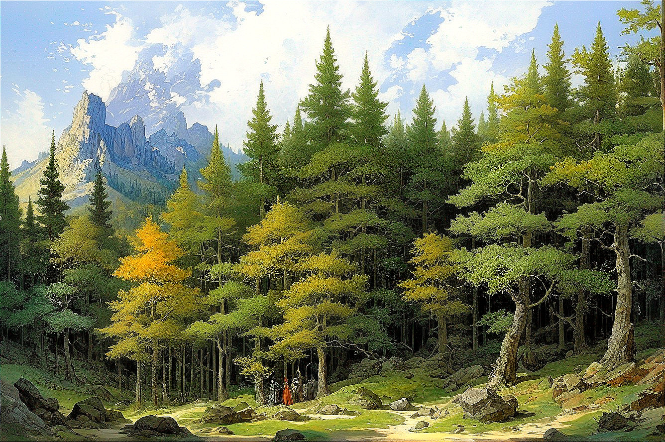 Serene Landscape with Conifers and Autumn Foliage