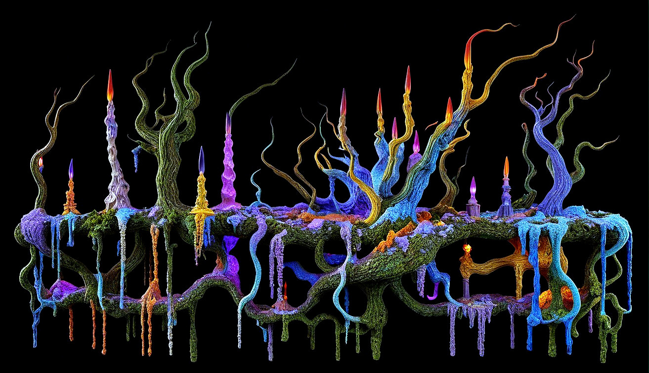 Surreal Landscape of Vibrant Trees and Candles