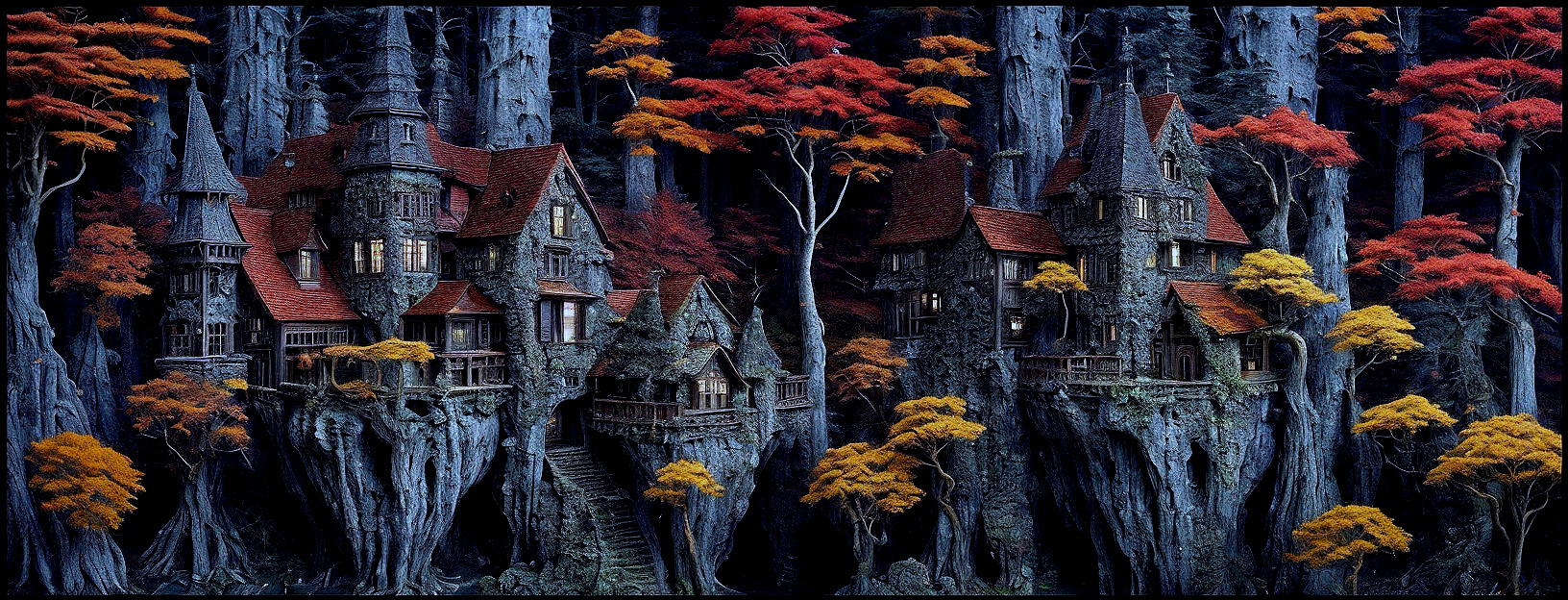 Gothic Mansion on Jagged Rocks with Autumn Foliage