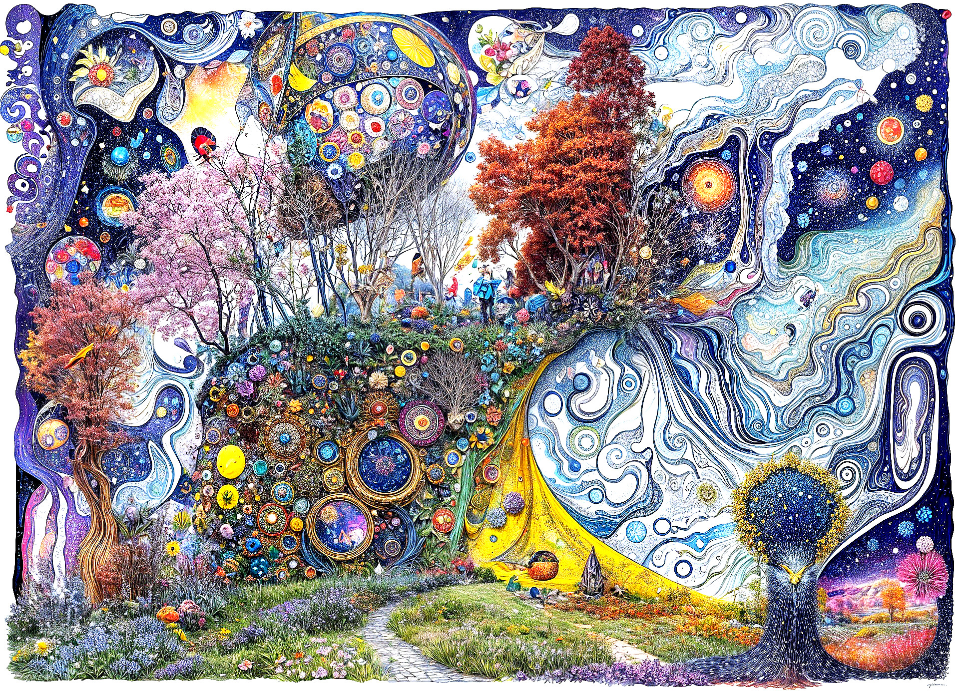 Surreal Landscape with Blooming Trees and Galaxies