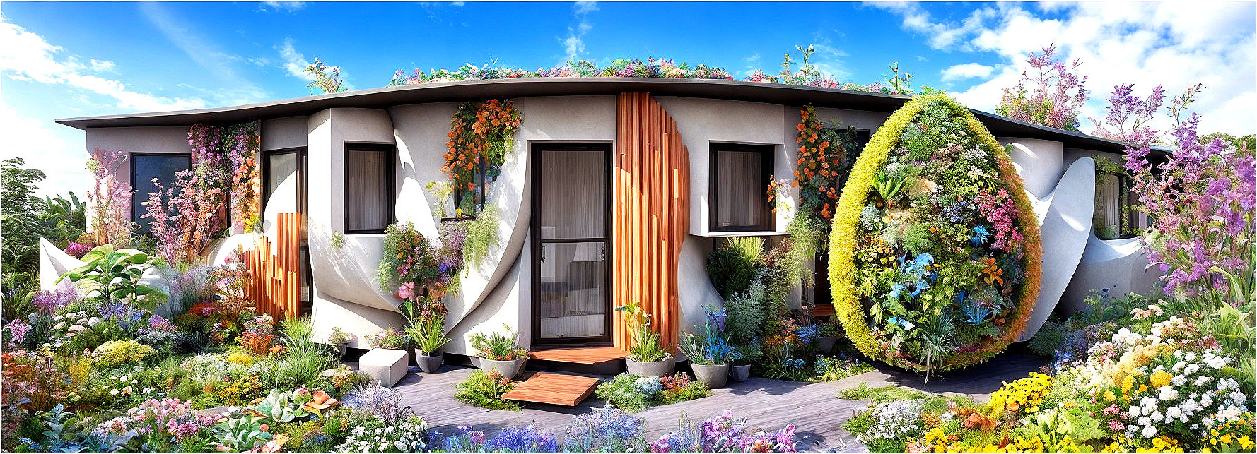 Modern Curved House with Vibrant Garden Surroundings