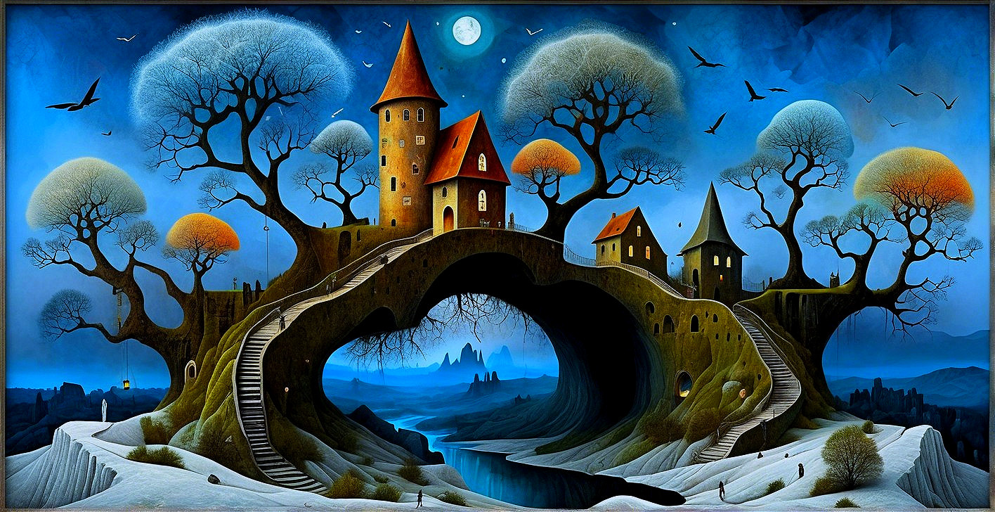 Surreal landscape with whimsical castle and moonlit sky