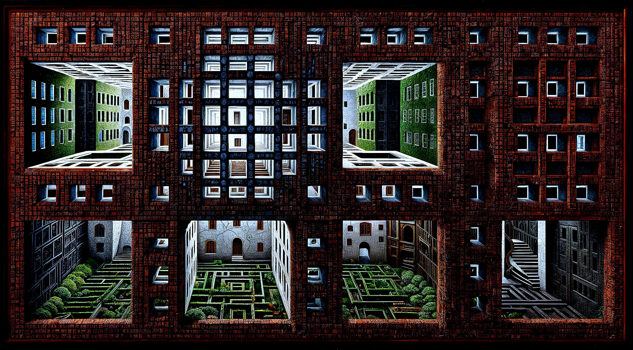 Surreal Architectural Structure with Gardens and Pathways