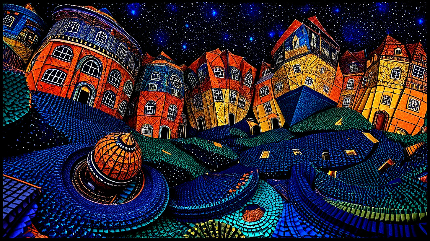 Surreal Landscape with Colorful Geometric Buildings