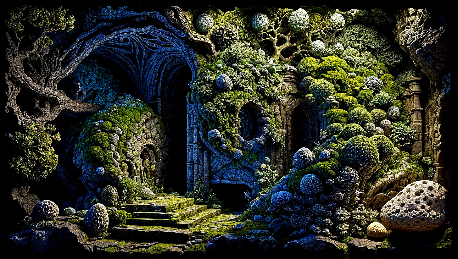 Mystical Overgrown Landscape with Ancient Stone Structures