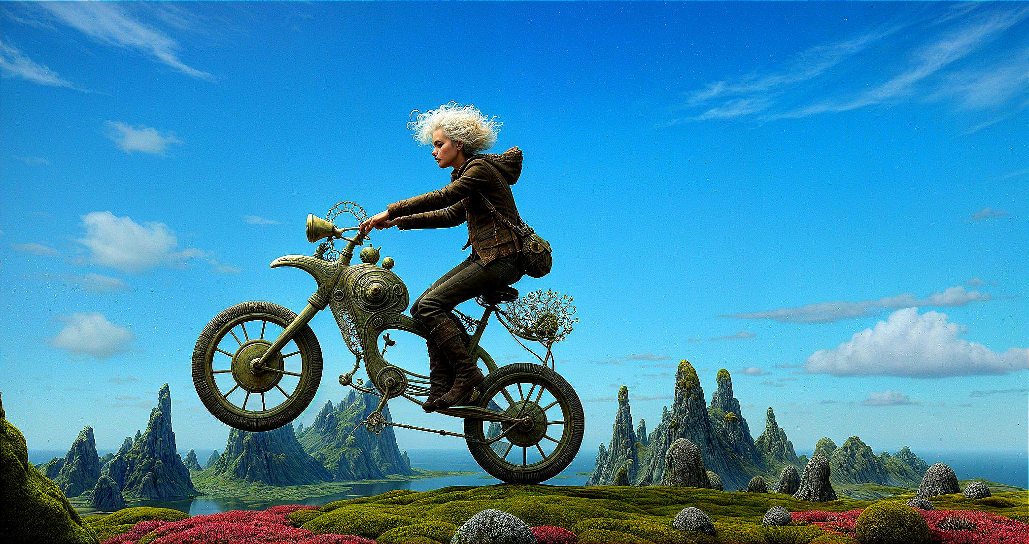 Young Rider on Motorcycle in Fantasy Landscape