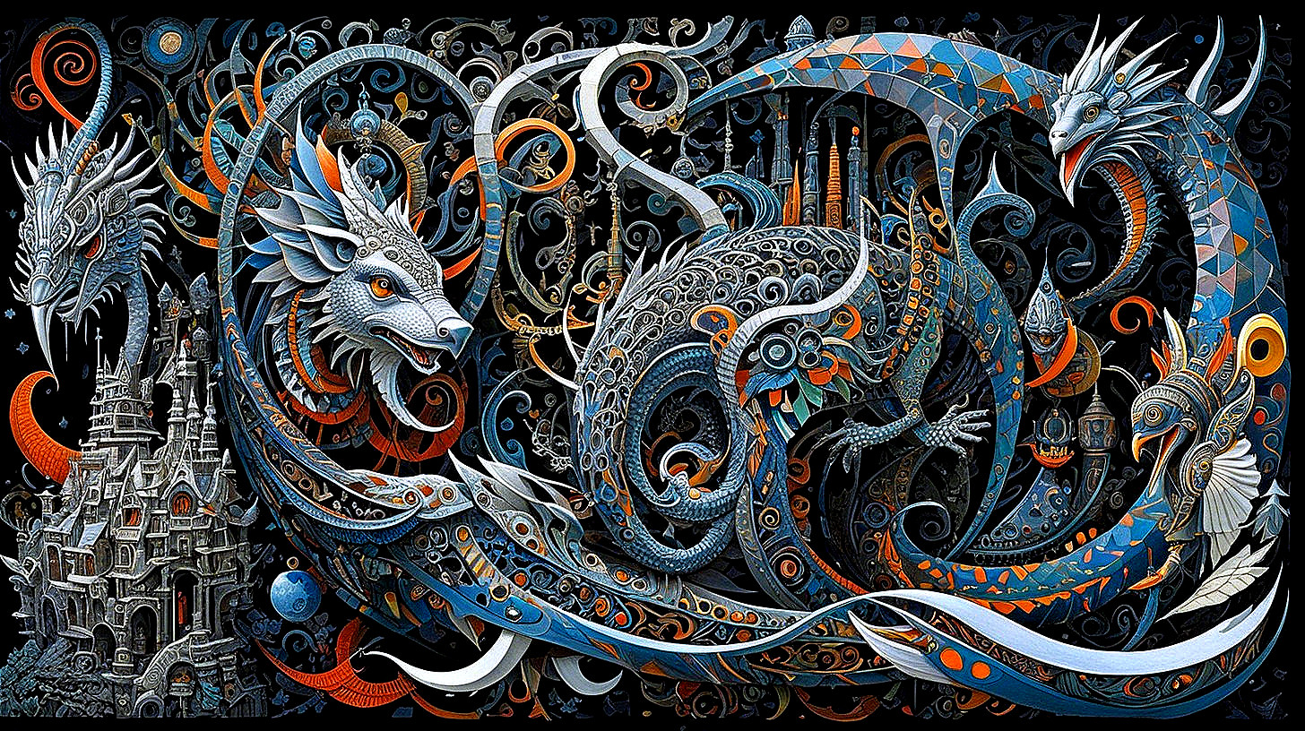 Fantasy Scene with Colorful Dragons and Castle
