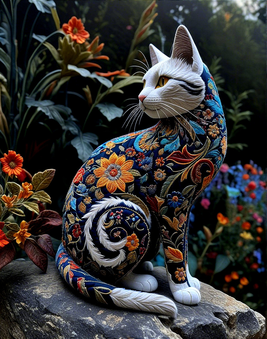 Intricately Designed Colorful Cat Statue with Flowers