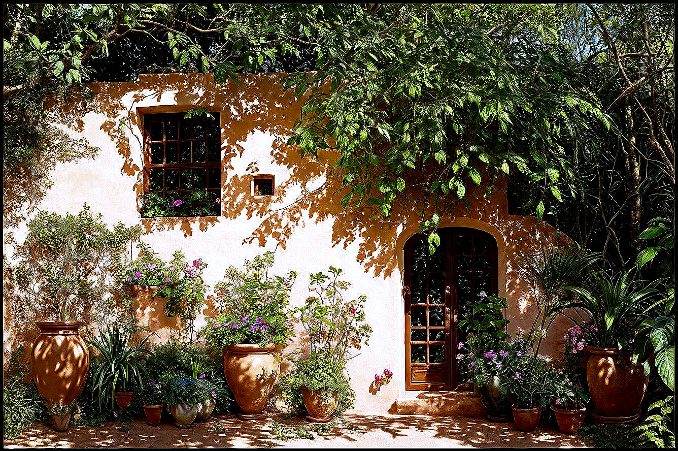 Rustic building with wooden features and lush greenery